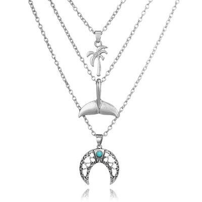 

Tocona Bohemian Moon Fish Tail Coco Tree Pendant Necklaces Multi Layered Charm Chokers Collar Necklace for Women Jewelry 6186