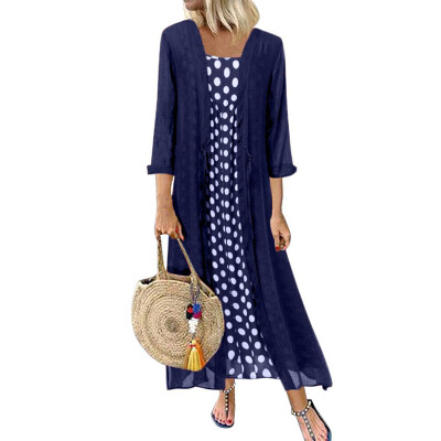 

Womens Two-piece Fashion Dot Flared Long Dress Long Sleeve Long Cardigan Coat Dress