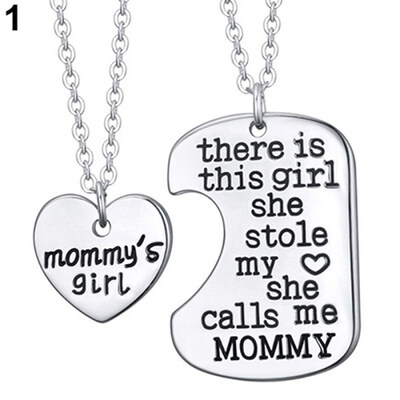 

1 Set 2 Pcs English Letters Carved Mommy Daddy Girl Pendant Chain Necklaces