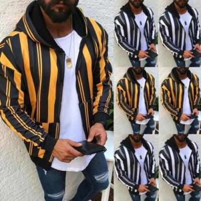 

New Autumn Mens Slim Fit Hooded Coat Tops Stripe Jacket Winter Warm Outwear Blazer Top