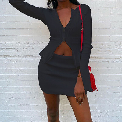 

Toponeto Women Casual Double Zipper Skirt Suit Long Sleeve Crop Tops Skirt