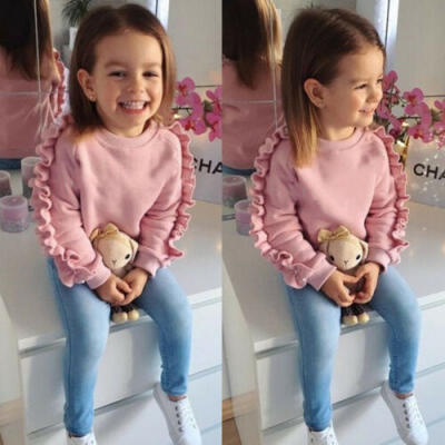 

UK 2PCS Toddler Kids Baby Girls Ruffle Tops Denim Pants Winter Outfits Clothes