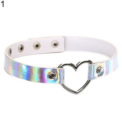 

Womens Chic Holographic Metal Open Heart Faux Leather Necklace Choker Gift