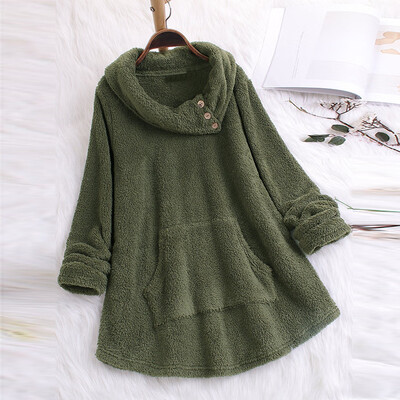 

Tailored Women Fleece Button Neck Long Sleeve Plus Size Pocket Top Sweater Blouse