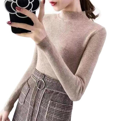 

Autumn Women Knitted Base Shirt Half High Collar Slim Solid Color Bottoming