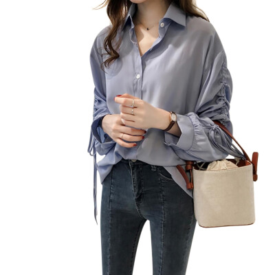 

Women Casual All-match Concise Shirt Drawstring Long Sleeve Loose Button-down Blouse