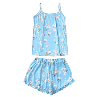 

Roseonmyhand Women Sleeveless Camisole Tops Short Pants Cartoon Print Frill Trim Pajama Set