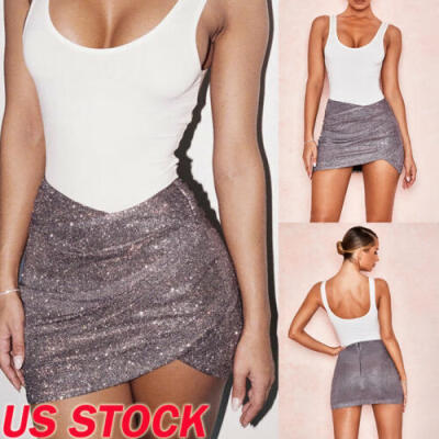 

Women Sexy Sequin Pleated High Waist Pencil Ladies Bodycon Short Mini Skirt NEW