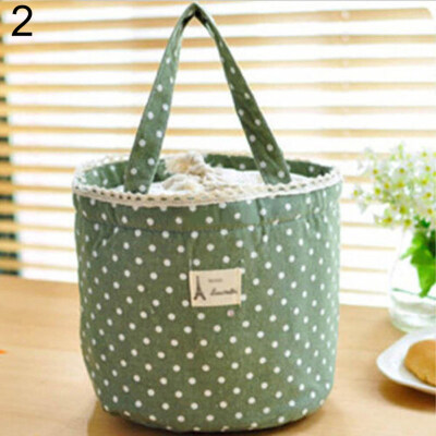 

Portable Linen Cotton Polka Dot Drawstring Insulated Food Lunch Box Bag Gift