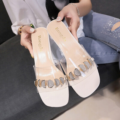 

Slippers women wear wet water 2019 summer new square crystal fine with lazy Joker with a cool word