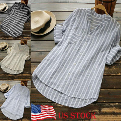 

Womens Summer Striped V Neck Blouses Loose Baggy Tops Tunic T Shirts Plus Size