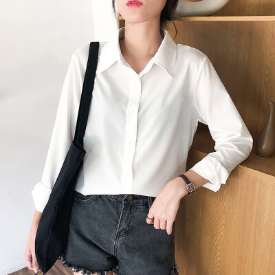 

2019 New Fashion Women Korean Temperament Wild Solid Color Loose V-neck Long-sleeved Chiffon Shirt