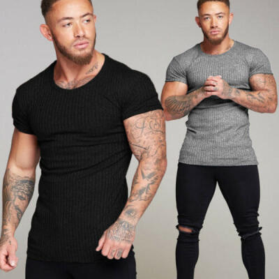 

Men Gym Tight Tops T-Shirt Short Sleeve Slim Fit V-Neck Casual Fitness -2XL