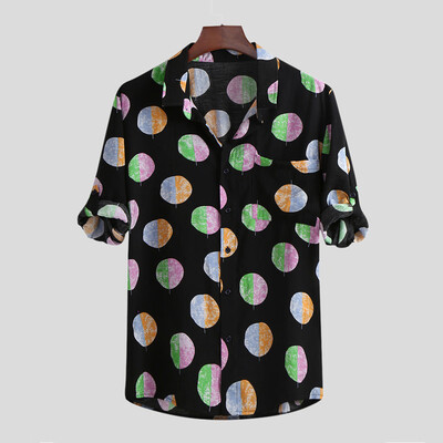 

Toponeto Mens Autumn Winter Casual Turn-down Collar Button Print Half Sleeve Top Blouse