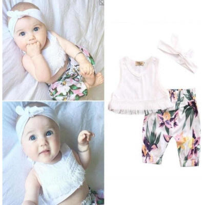 

Summer Floral Infant Baby Girl Cotton Tops Pants Headband Summer 3pcs Outfits Sunsuit