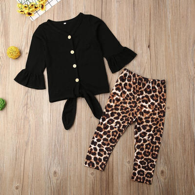 

New Toddler Kids Baby Girl Cotton Clothes Long Flare Sleeve Shirt TopsLeopard Long Pants Outfits