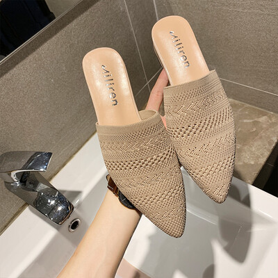 

2019 New Slippers Women Wear Knitted Fashion Baotou Red Joker Pointed Mid-heel Coarse-heeled Half-length Slippers