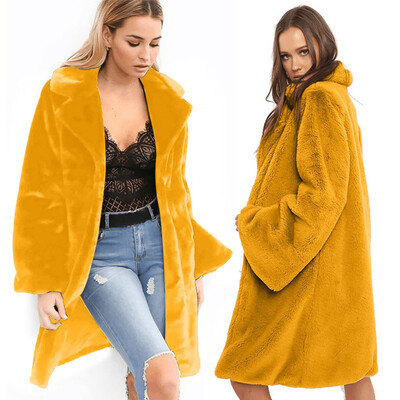 

Roseonmyhand Fashion Women Solid Medium Long Windbreaker Turn-Down Collar Warm Plush Coat
