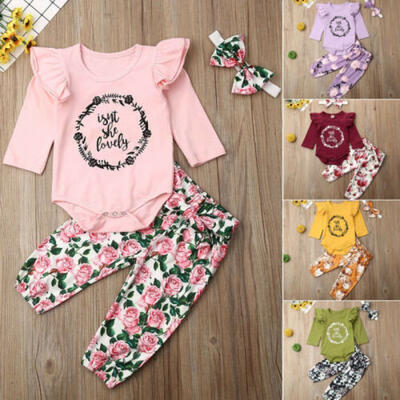 

US Newborn Infant Baby Girl Floral Outfit Clothes Romper TopsPantsHeadband Set