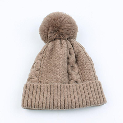 

Funny Women Knitted Hat Solid Color Wool Blends Crochet Pattern Pom-pom Top Ribbed Casual Warm Beanies