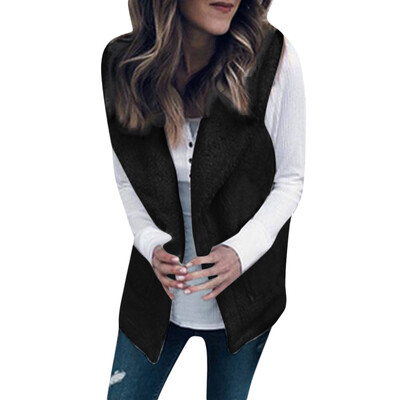 

Toponeto Women Casual Sleeveless Solid Stand Warm Wool Pockets Cardigan Coat Outwear