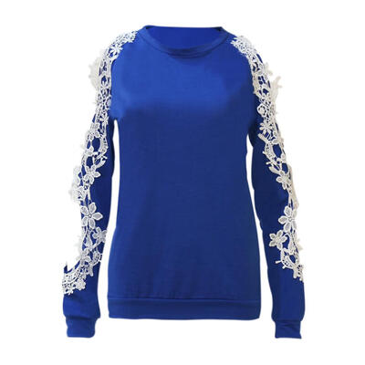 

Women Long Sleeve T-shirt Hollow Out Lace Solid Color Pullover Basic Tops