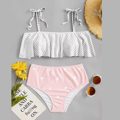 

Saidsome New Women Two Pieces Sexy Print Crop Ruffled Off-Shoulder Bikini Swimwear