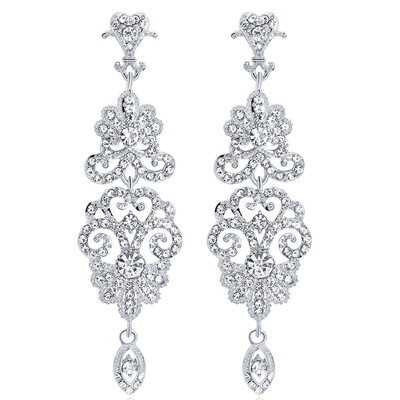 

Vintage Hollow Teardrop Silver Color Crystal Chandelier Bridal Pendant Dangle Earrings for Women Female Long Drop Earring