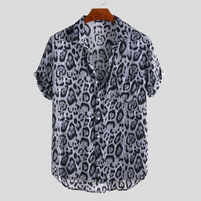 

Mens Slim Fit Leopard Printed Shirts Short Sleeve Casual Beach Blouse Tops Tees