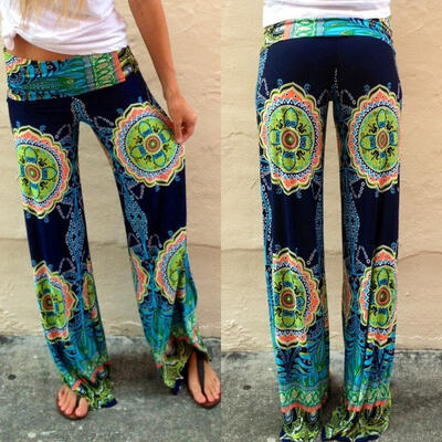 

2015 Plus Size Womens Floral Print Wide Leg Palazzo Trousers Summer Beach Pants