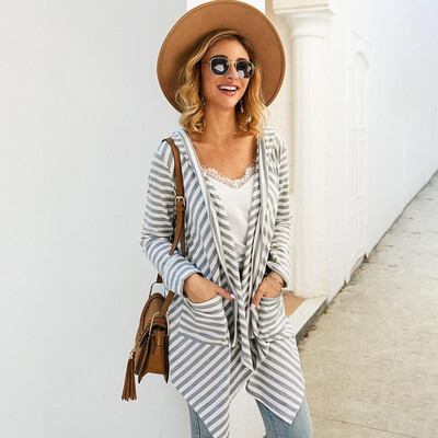 

Women Hooded Cardigan Coat Striped Print Open Front Long Sleeves Asymmetrical Spring Autumn Casual Hood Coat