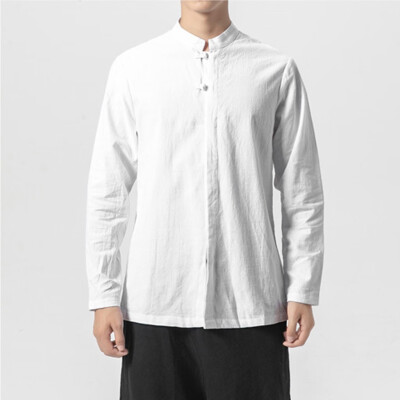 

Toponeto Mens plain cotton&linen shirt with long sleeves&a stand-up collar Blous