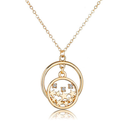 

Women Round Pendant Necklace Beautiful Rhinestones And Stars In Hallow Round Trendy Jewelry Handmade Wedding Jewelry Necklace