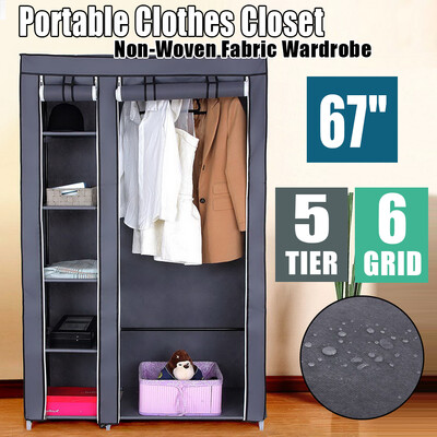 

67" Portable Clothes Closet Wardrobe with Non-woven Fabric&Hanging Rod Gray