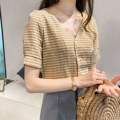 

V Neck Women Shirts Blusas Mujer 2019 Female Blouse Shirt Short Sleeve Plaid Casual Blusa Feminina Lady Clothing
