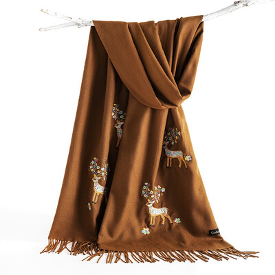 

New double-headed sika deer multicolored yarn embroidery solid color light thorn wool imitation cashmere scarf female warm shawl wholesale