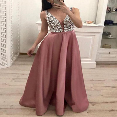 

Deep V-neck Sequins Full-length Cami Corest Expansion Evening Dress