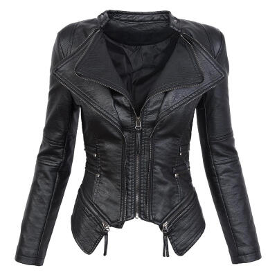 

PU Leather Basic Jacket Women Slim Fit Motorcycle Coat Zippers Streetwear