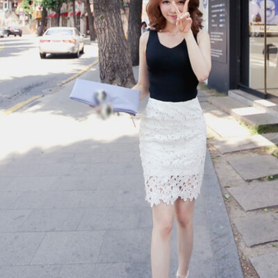 

Women Summer Mid Waist Wild Skirt Lace Solid Color Strap Wild Bottom Bag Hip Maxi Dress