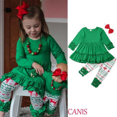 

3PCs Christmas Outfits Toddler Kids Baby Girls Skirt Tops Pants Headband Clothes