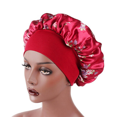 

Silky Flowers Pattern Woman Sleep Caps Hair Care Head Cover Wide Nightcap Wrap