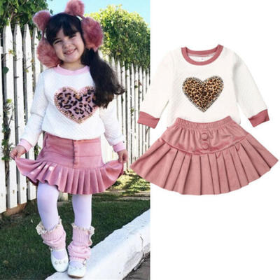 

US Baby Girl Long Sleeve Shirt Top Velvet Pleated Skirt Dress Outfit Kid Clothes