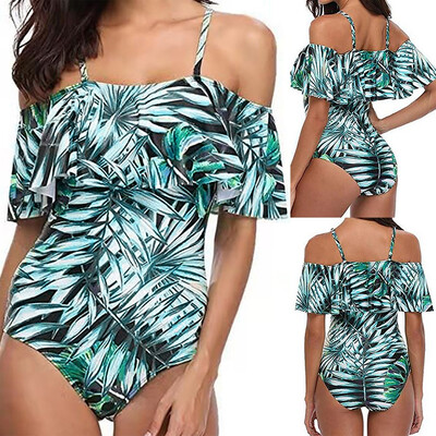 

Saidsome Women One Piece Vintage Printed Off Shoulder Flounce Ruffled Swimsuits