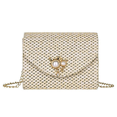 

Cat Pearl Decor Shoulder Handbags Straw Women Beach Chain Crossbody Bags