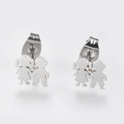 

304 Stainless Steel Stud Earrings Boy with Girl Stainless Steel Color 7x8x1mm Pin 08mm