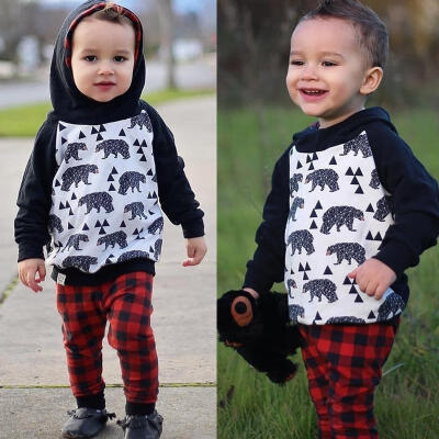 

2PCS Newborn Toddler Baby Boy Cartoon Hoodie Sweatshirt TopChecked Pants Outfits 0-24M