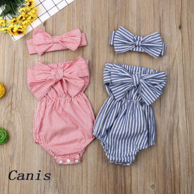 

US Newborn Baby Girl Clothes Off Shoulder Striped Romper Bodysuit Overall Outfit