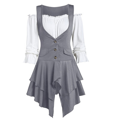 

Roseonmyhand Women Plus Size Coat Blouse Button Two-Piece Set Pocket Layered Tank Long Sleeve