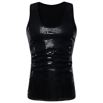

Slim Fit Mens Sequined Scoop Neck Sleeveless Party Fashion Vest Blouse Tops