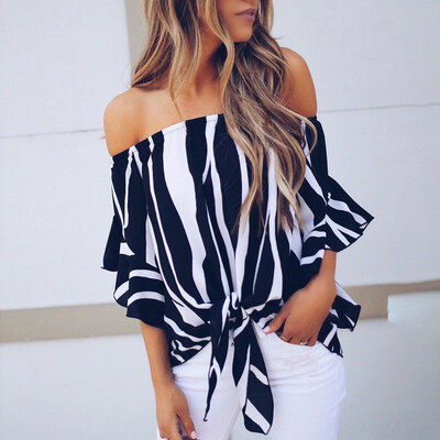

Womens Off Shoulder Striped Print T-Shirt Sleeve Loose Blouse Beach Tops Shirts